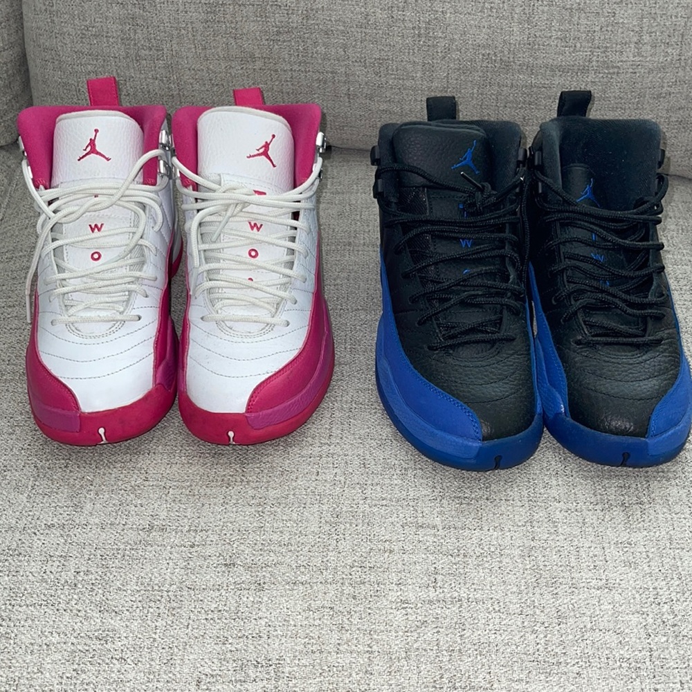Jordan Retro 12 white and pink and black and blue